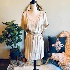 Anthropologie Beige Short-Sleeve Elastic-Waist Mini Dress